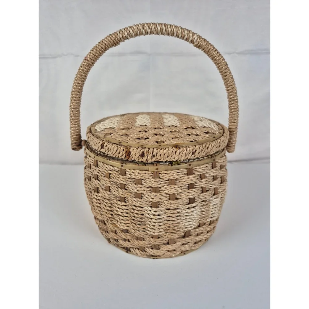 Vintage Wicker Sewing Basket Floral Lined Japan Insert Boho Craft Storage‎